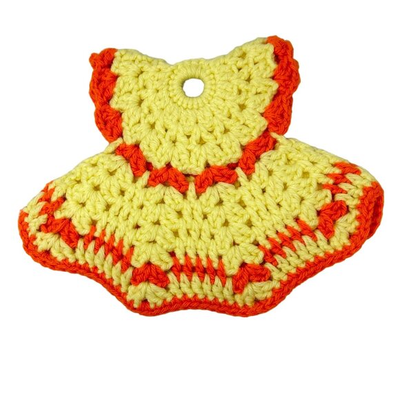 Vintage Handmade Crochet Dress Pot Holders Yellow Orange Ring Hole 7 x 6 Inch - Picture 2 of 6